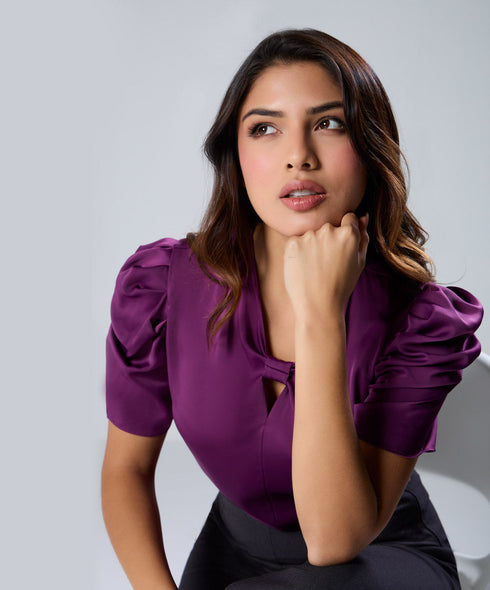 Satin Short Sleeve Purple Top