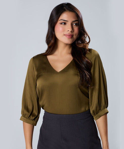 Vneck Satin Short Sleeve Top