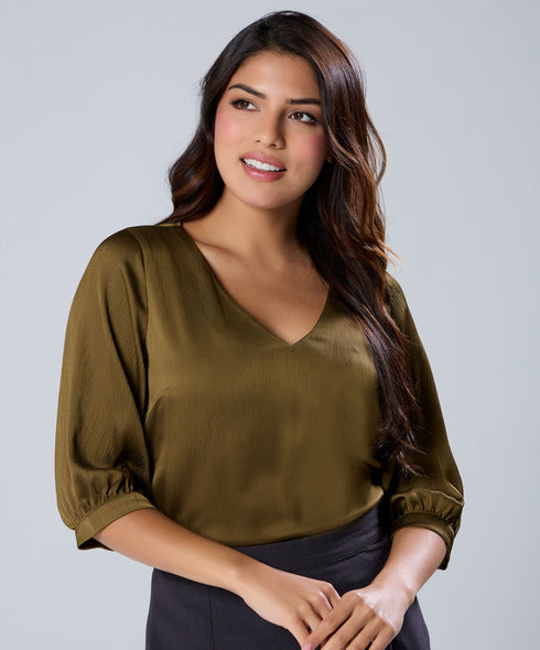 Vneck Satin Short Sleeve Top