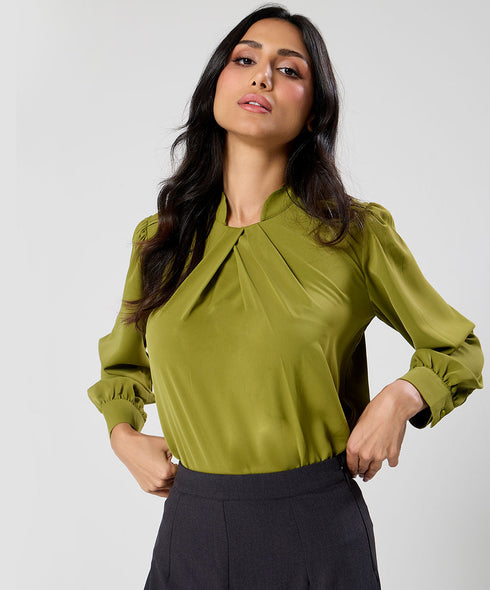 Neck Pleated Chiffon Green Top