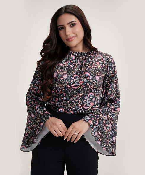 Sleeve Flared Printed Black Top