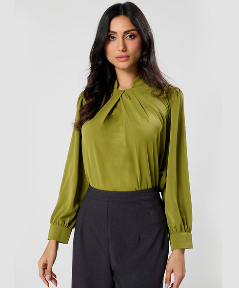 Neck Pleated Chiffon Green Top