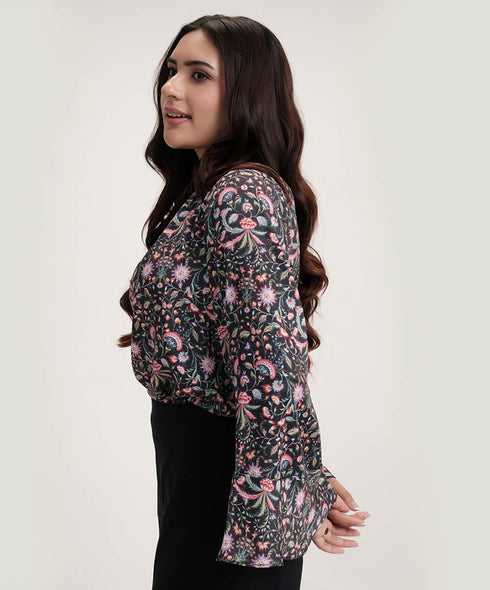 Sleeve Flared Printed Black Top