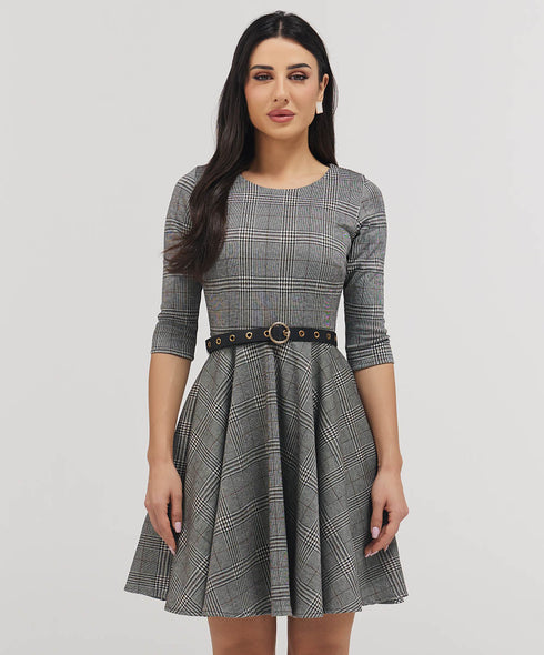Scoop Neck Gingham Skater Grey Dress