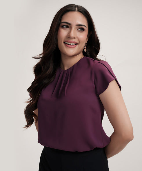 Petal Sleeve Chiffon Neck Pleated Purple Top