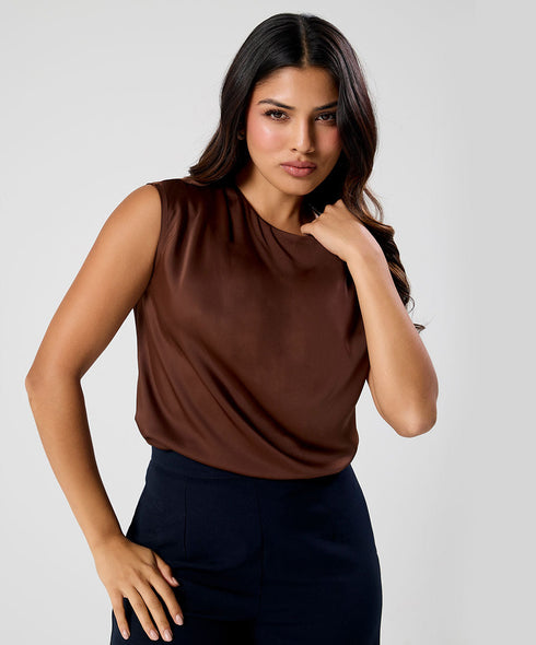 Side Detailed Satin Top- Brown