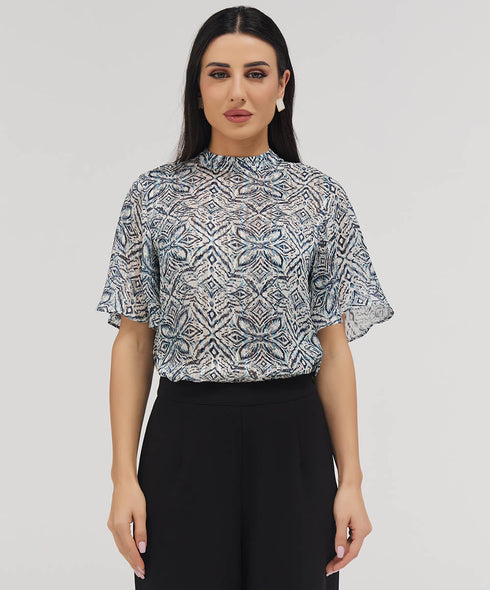 Sleeve Flared Mandarin Collar Printed Top
