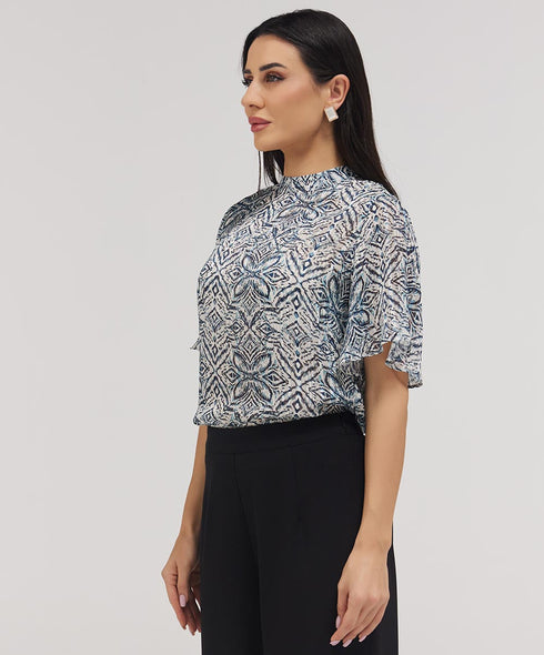 Sleeve Flared Mandarin Collar Printed Top
