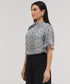 Sleeve Flared Mandarin Collar Printed Top