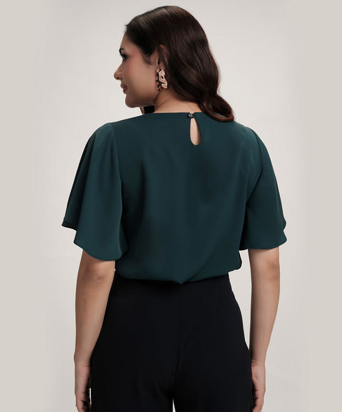 Sleeve Flared Round Neck Chiffon Green Top