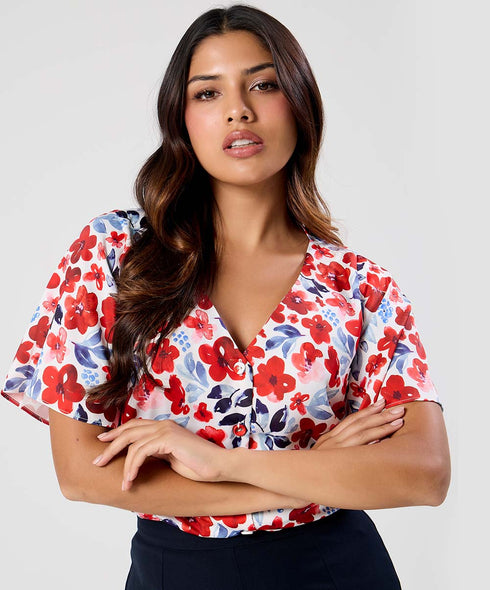 Vneck Flared Sleeve Red Printed Top