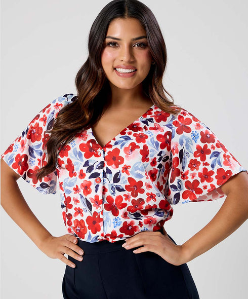 Vneck Flared Sleeve Red Printed Top