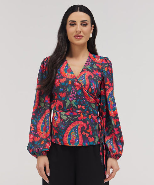 Printed Chiffon Wrap Around Blue Top