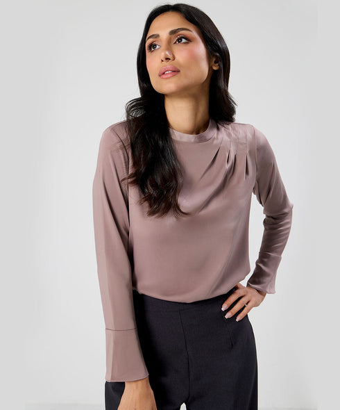 Side Pleated Long Sleeve Brown Satin Top