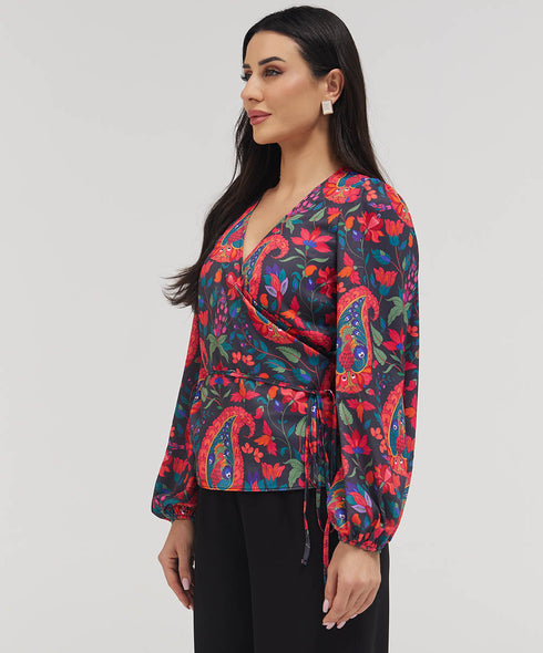 Printed Chiffon Wrap Around Blue Top