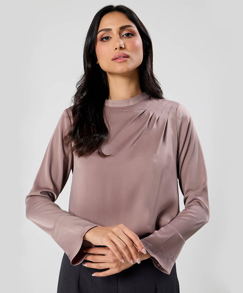 Side Pleated Long Sleeve Brown Satin Top