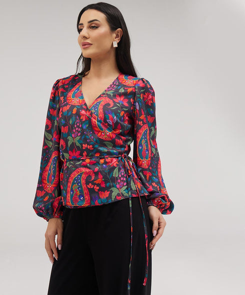 Printed Chiffon Wrap Around Blue Top