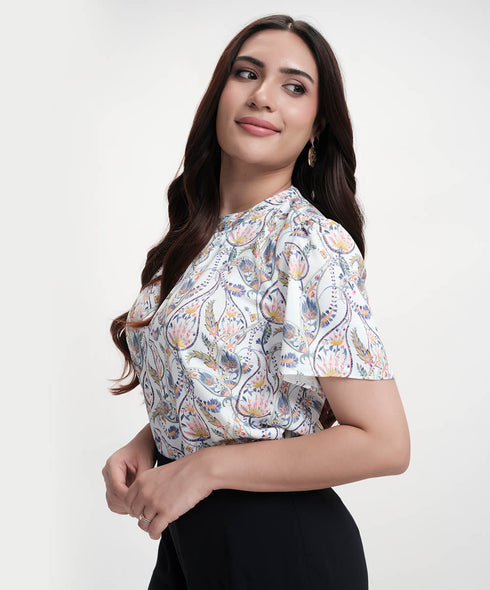 Neck Detailed With A Band Chiffon Printed White Top