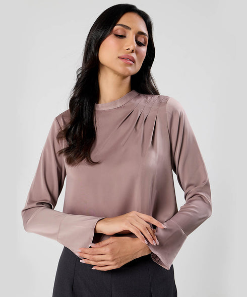 Side Pleated Long Sleeve Brown Satin Top