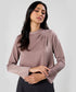Side Pleated Long Sleeve Brown Satin Top