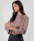 Side Pleated Long Sleeve Brown Satin Top