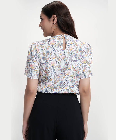 Neck Detailed With A Band Chiffon Printed White Top