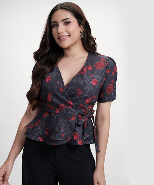 Vneck Half Sleeve Printed Black Peplum Top