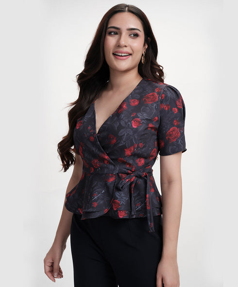 Vneck Half Sleeve Printed Black Peplum Top