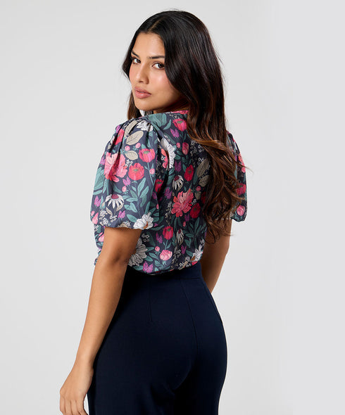 Round Neck Sleeve Detailed Black Printed Top