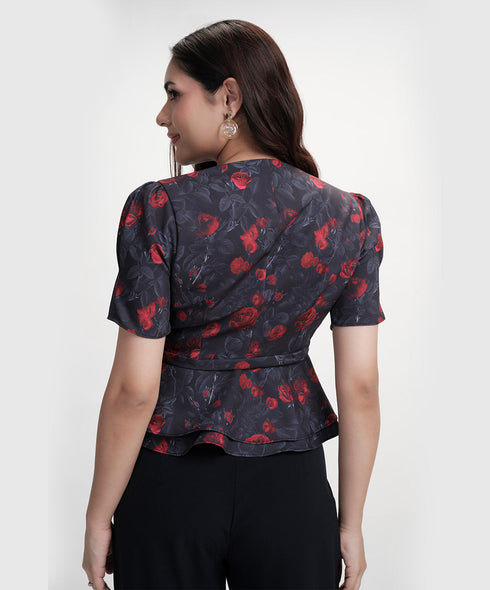 Vneck Half Sleeve Printed Black Peplum Top