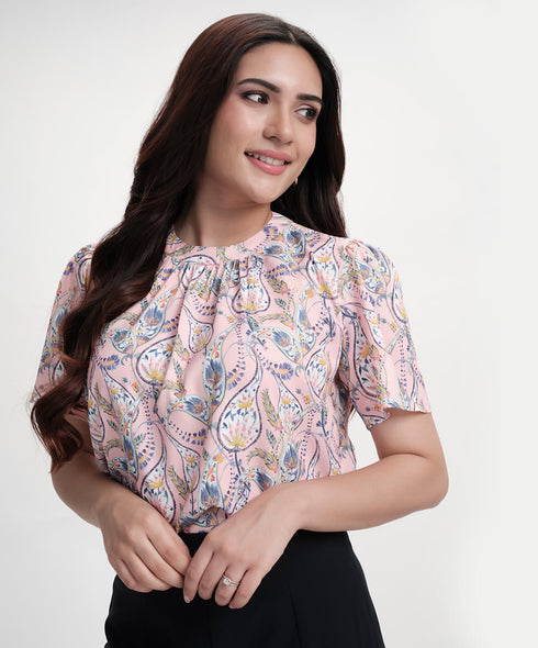 Neck Detailed With A Band Chiffon Printed Top