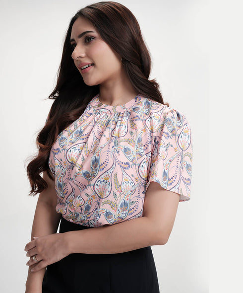 Neck Detailed With A Band Chiffon Printed Top