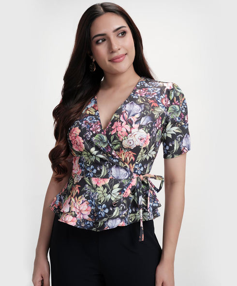 Vneck Half Sleeve Printed Peplum Top
