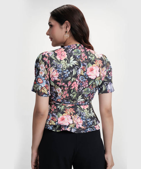 Vneck Half Sleeve Printed Peplum Top