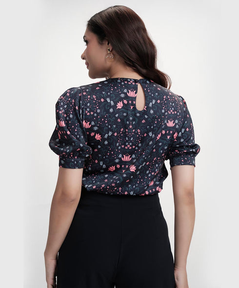 Short Puffed Sleeve Printed Satin Blue Top