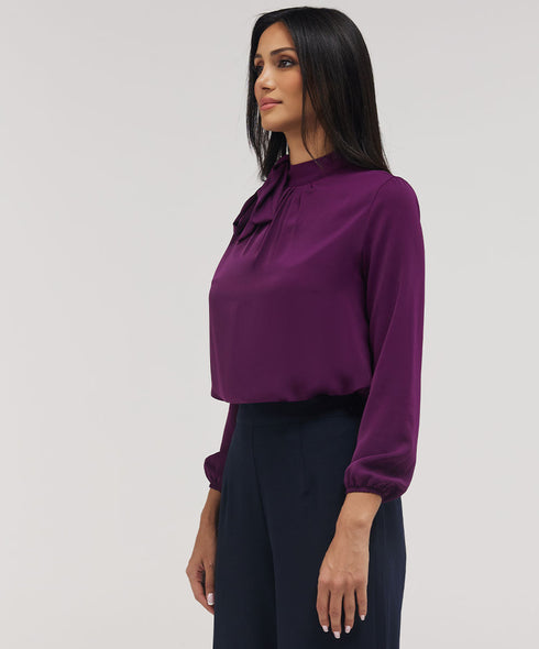 Neck Bow Attached Long Sleeve Top-Purple