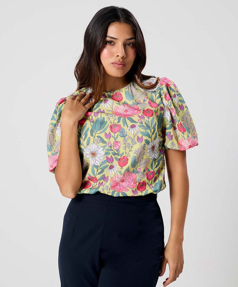 Round Neck Sleeve Detailed Printed Top