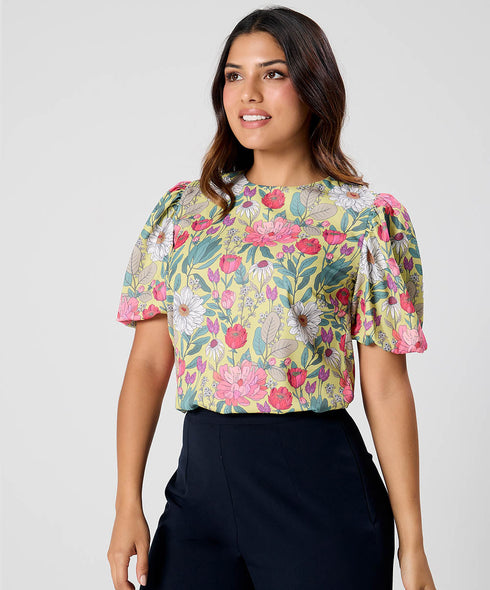 Round Neck Sleeve Detailed Printed Top