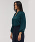 Front Neck Open Long Sleeve Top-Dark Green