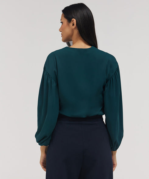 Front Neck Open Long Sleeve Top-Dark Green