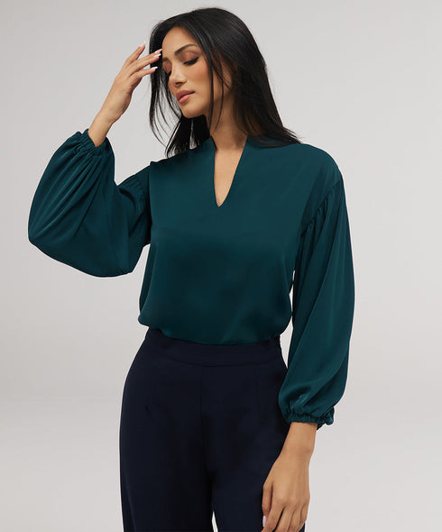 Front Neck Open Long Sleeve Top-Dark Green