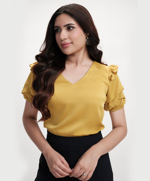 Vneck Sleeve Detailed Satin Top