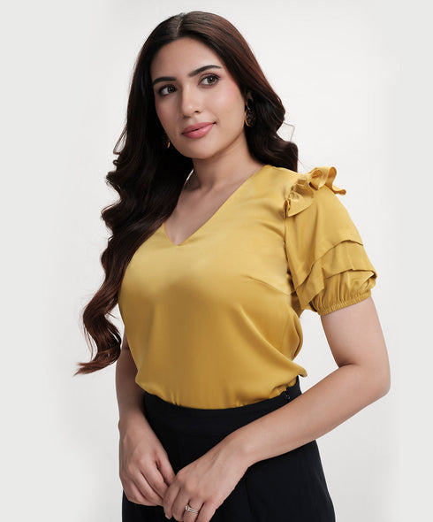 Vneck Sleeve Detailed Satin Top