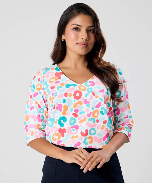 Printed Half Sleeve Vneck Top