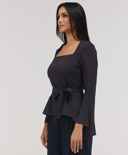 Split Sleeve Square Neck Top -Grey