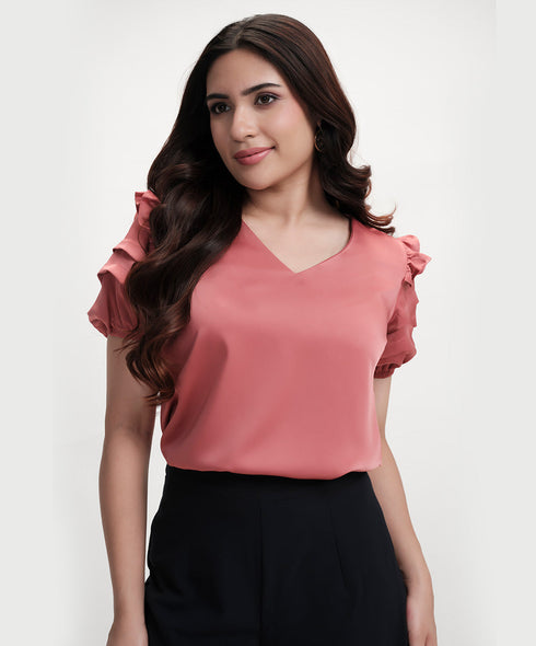 Vneck Sleeve Detailed Satin Pink Top