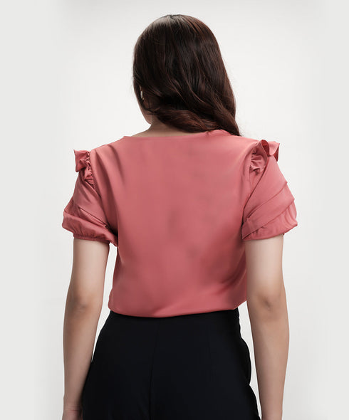 Vneck Sleeve Detailed Satin Pink Top