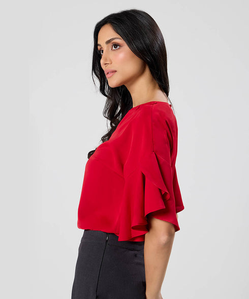 Flared Sleeve Chiffon Top-Red
