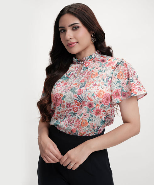 Sleeve Flared Printed Satin Beige Top