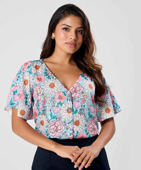 Vneck Flared Sleeve Printed Top